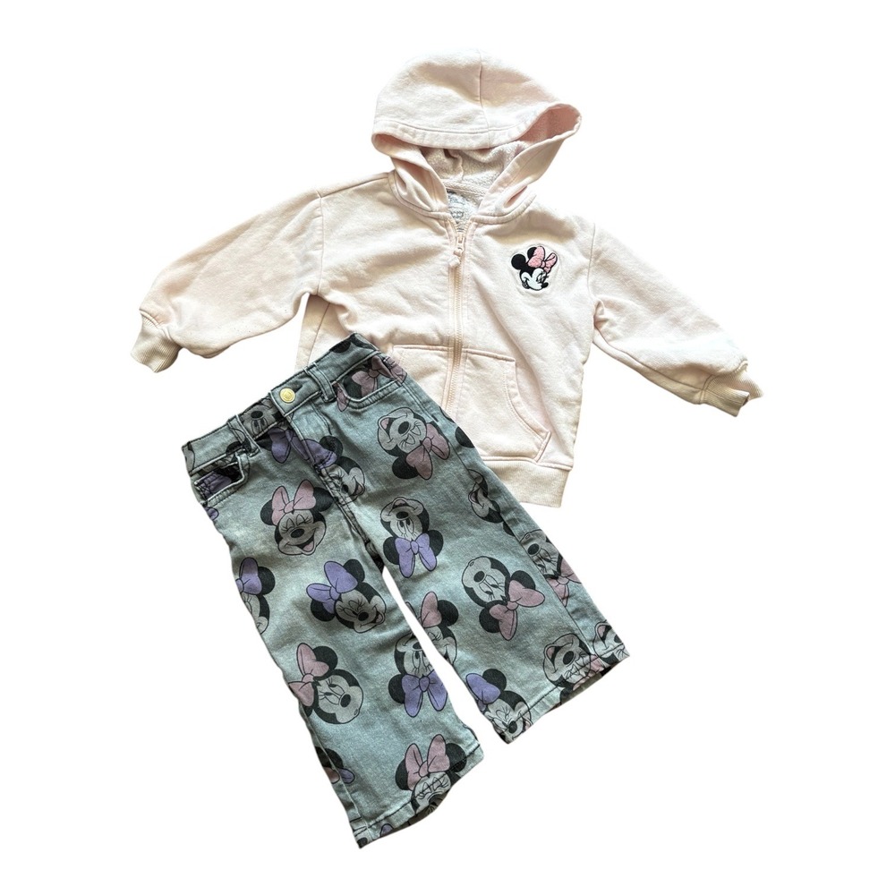 Disney Jumping Beans Minnie Mouse Pink Zip Hoodie and Gray Graphic Jeans Set 18M